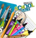 Backto school sale. Background with markers, colorful pencils, scissors, magnifier, brush, spiral notebook