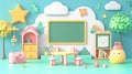 Backtoschool kindergarten online education concept. blackboard kid, children table chair, table chair, learning on phone