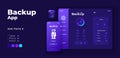 Backup app screen vector adaptive design template. Online files storage application night mode interface with flat