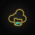 Backup, cloud ,files. Blue and yellow neon vector icon. Transparent background