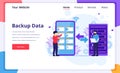 Backup data concept, People copying files or files transfer process on a giant smartphone to server. Modern flat landing page Royalty Free Stock Photo