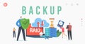 Backup Landing Page Template. Characters in Data Center around Laptop with RAID, Redundant Array of Independent Disks