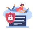 Backup protection. Cloud storage of data and files, woman using laptop in cloud workspace, privacy protection, remote access, safe Royalty Free Stock Photo