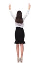 Backv view of businesswoman celebrating with hands in the air