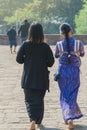 Backview of female tourist at ancient Pa Hto Taw Gyi Pagoda ruins at Mingun city Royalty Free Stock Photo