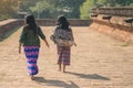 Backview of female tourist at ancient Pa Hto Taw Gyi Pagoda ruins at Mingun city Royalty Free Stock Photo