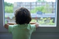 Backview of a lonely little boy looking out of the window Royalty Free Stock Photo