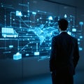 Backview of Man Analyzing Digital Freight Pathways, Modern Logistics, Supply Chain Technology, Data Visualization, Business Royalty Free Stock Photo