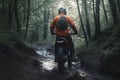 Backview of rider driving motorcycle through forests roads, Generative AI