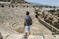 Backview of Tourist with backpack travelling in Lycian semicircl Royalty Free Stock Photo