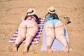 Backview of two plus size overweight sisters twins women relaxing lying on a towel at the beach on summer holidays Royalty Free Stock Photo