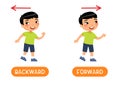 Backward and forward antonyms word, opposites concept. Flashcard for English language learning.