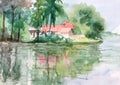 Backwater village watercolor painting