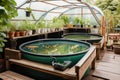 backyard with aquaponics and hydroponic system, fish swimming in water tank