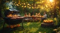 Backyard BBQ grill cooking sausages, friends dining, sunset Royalty Free Stock Photo