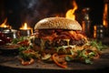 Backyard BBQ vibes, juicy burger grilled to perfection, adorned with flames