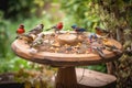 a backyard bird bath and feeder, with a variety of birds flocking in for a meal