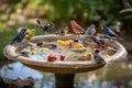 a backyard bird bath and feeder, with a variety of birds flocking in for a meal