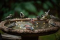 a backyard bird bath and feeder, with a variety of birds flocking in for a meal