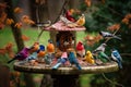 backyard bird feeder surrounded by a flock of colorful feathered friends