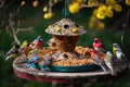 backyard bird feeder surrounded by a flock of colorful feathered friends