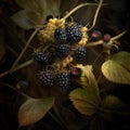 Backyard blackberries, shiny skin, smooth and fragile when ripe.