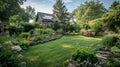 The backyard boasts a beautiful garden benefiting from the solarpowered irrigation system creating a selfsustaining Royalty Free Stock Photo