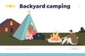 Backyard camping concept of landing page with family having tent and campfire outside house Royalty Free Stock Photo