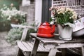 Backyard decoration with vintage kettle and flowers