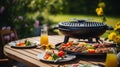 a backyard garden. The image showcases a grill BBQ in full swing, as it cooks delicious food. A wooden table, AI generated Royalty Free Stock Photo