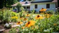 Backyard Garden with Pollinator-Friendly Plantings. A residential backyard garden blooms with pollinator-friendly plants