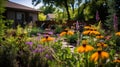 Backyard Garden with Pollinator-Friendly Plantings. A residential backyard garden blooms with pollinator-friendly plants