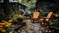 Backyard garden terrace with cozy wooden chair, full of flowers and green plant, shady area a place to sit and relax
