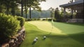 Backyard Greens - Home golf course, architecture design of grass field around home, artificial grass. Generative AI Royalty Free Stock Photo