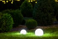 Backyard ground 2 light garden with lantern electric lamp with sphere diffuser.