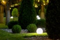 Backyard light garden with lantern electric lamp with a round diffuser.