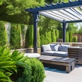 A backyard oasis with a swimming pool, a pergola with outdoor seating, and lush greenery for privacy and relaxation1, Generative