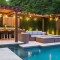 A backyard oasis with a swimming pool, a pergola with outdoor seating, and lush greenery for privacy and relaxation2, Generative