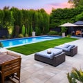 A backyard oasis with a swimming pool, a pergola with outdoor seating, and lush greenery for privacy and relaxation5, Generative