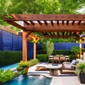 A backyard oasis with a swimming pool, a pergola with outdoor seating, and lush greenery for privacy and relaxation4, Generative