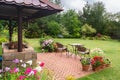 Backyard Patio Area with Fireplace and Furniture. Green Party area.