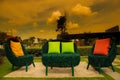 Backyard Patio in Garden with sunset Royalty Free Stock Photo