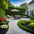 The backyard patio is outdoors, featuring a sitting area surrounded by landscaping