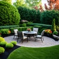 The backyard patio is outdoors, featuring a sitting area surrounded by landscaping