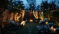 Backyard patio with string lights, creating cozy outdoor spaces and evening ambiance Generative AI