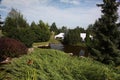 Backyard Paver Patio with Pond in Garden. Backyard Paver Patio Landscaping Overview. Royalty Free Stock Photo