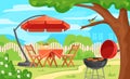 Backyard picnic. Summer patio outside barbeque cartoon background, garden bbq party outdoor house yard, cozy chair and Royalty Free Stock Photo