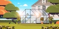 backyard planting greenhouse glass orangery botanical garden with flowers and potted plants