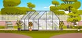 backyard planting greenhouse glass orangery botanical garden with flowers and potted plants