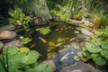 backyard pond with koi fish swimming and water lilies blooming